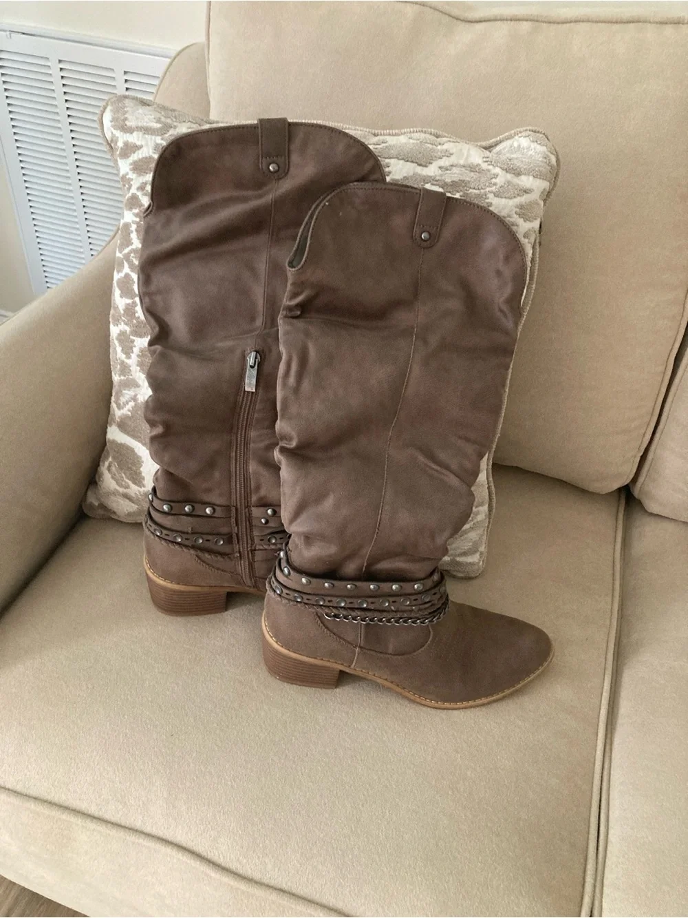 Women's Tall Brown Western-Style Boots with Studded Wrap